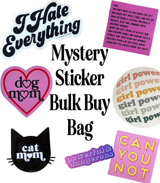 Collection of various stickers with different designs and text on a white background.