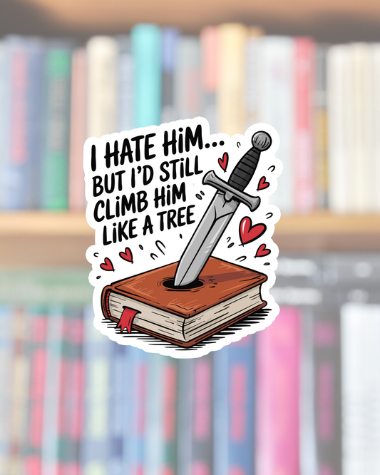 Sticker with a sword on a book and text in front of a blurred bookshelf background