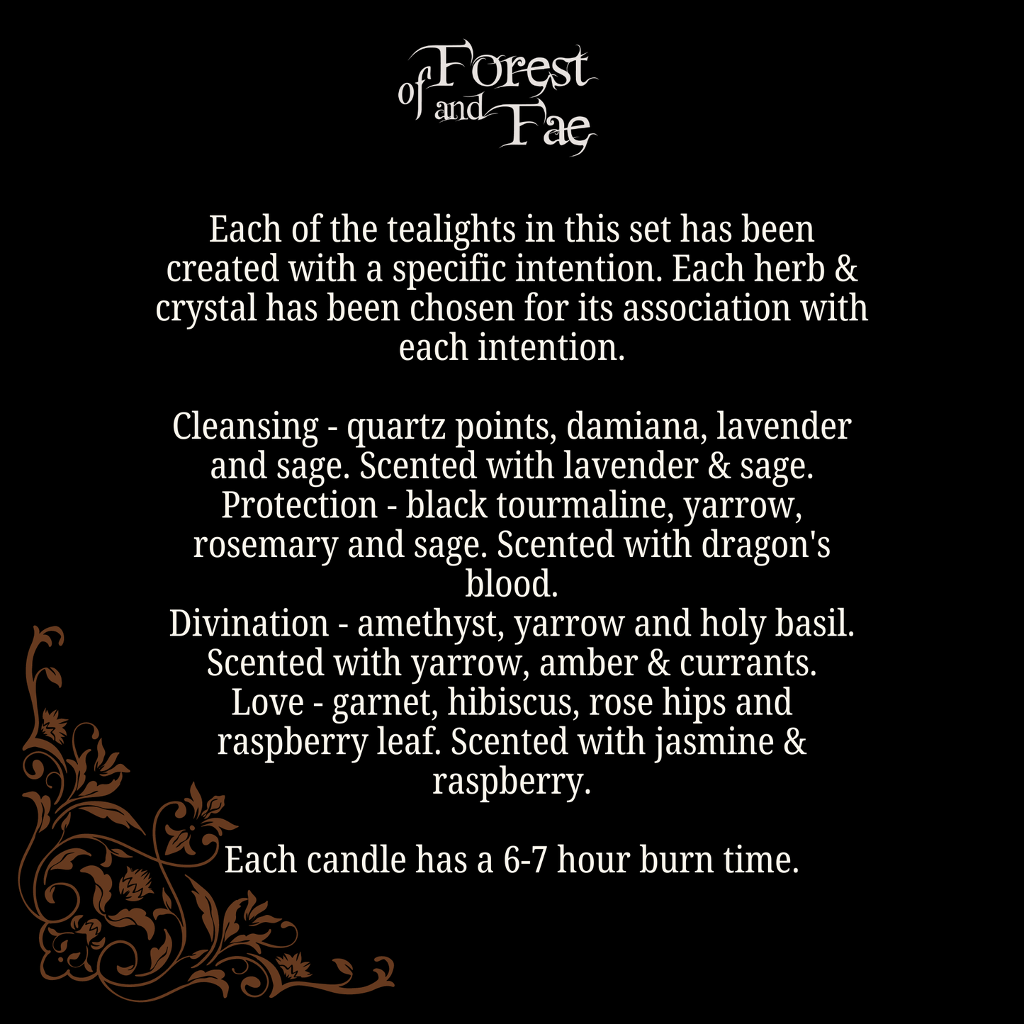 Text description of tealight candles with specific intentions on a black background