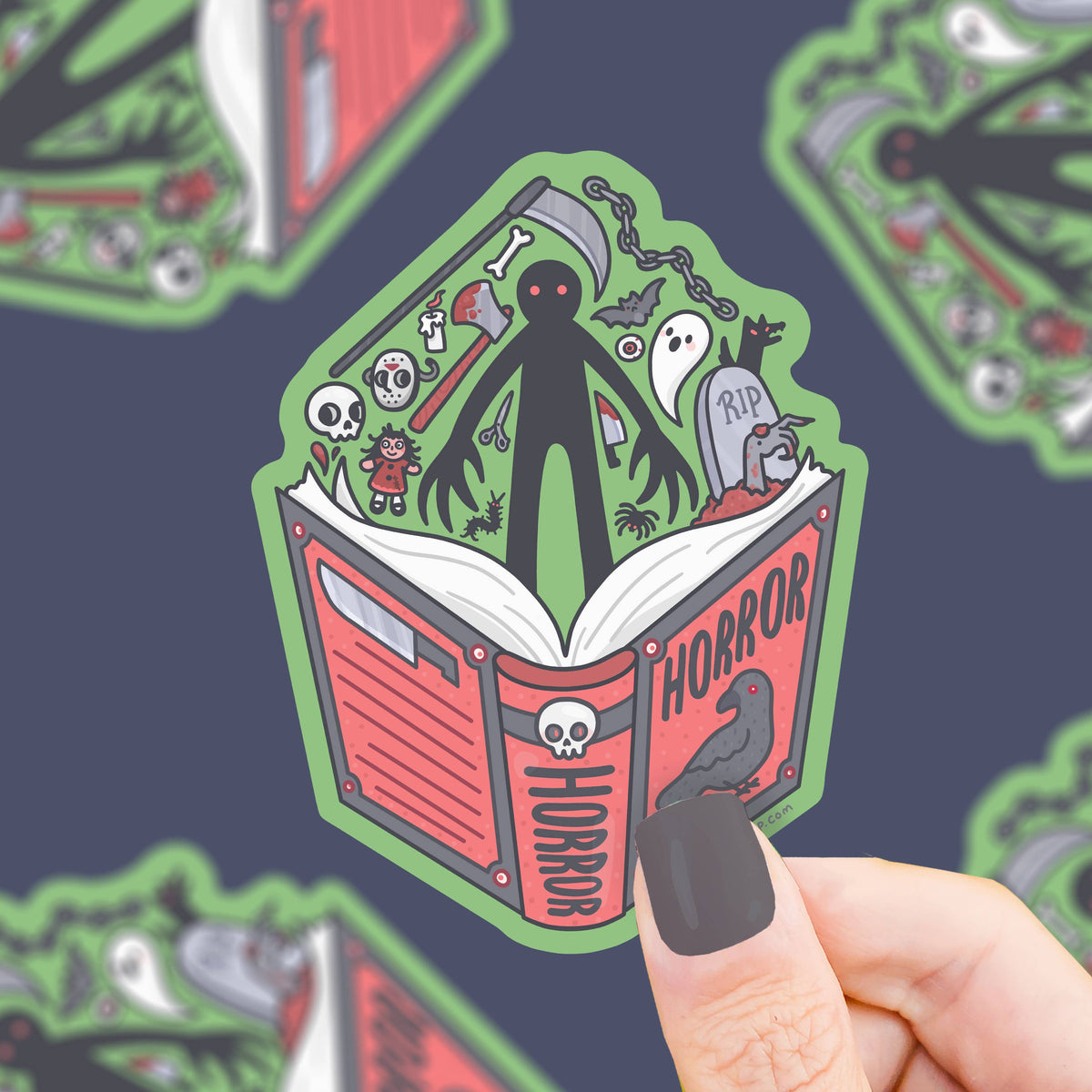 Sticker of a book titled 'Horror' held by a hand with more stickers in the background.