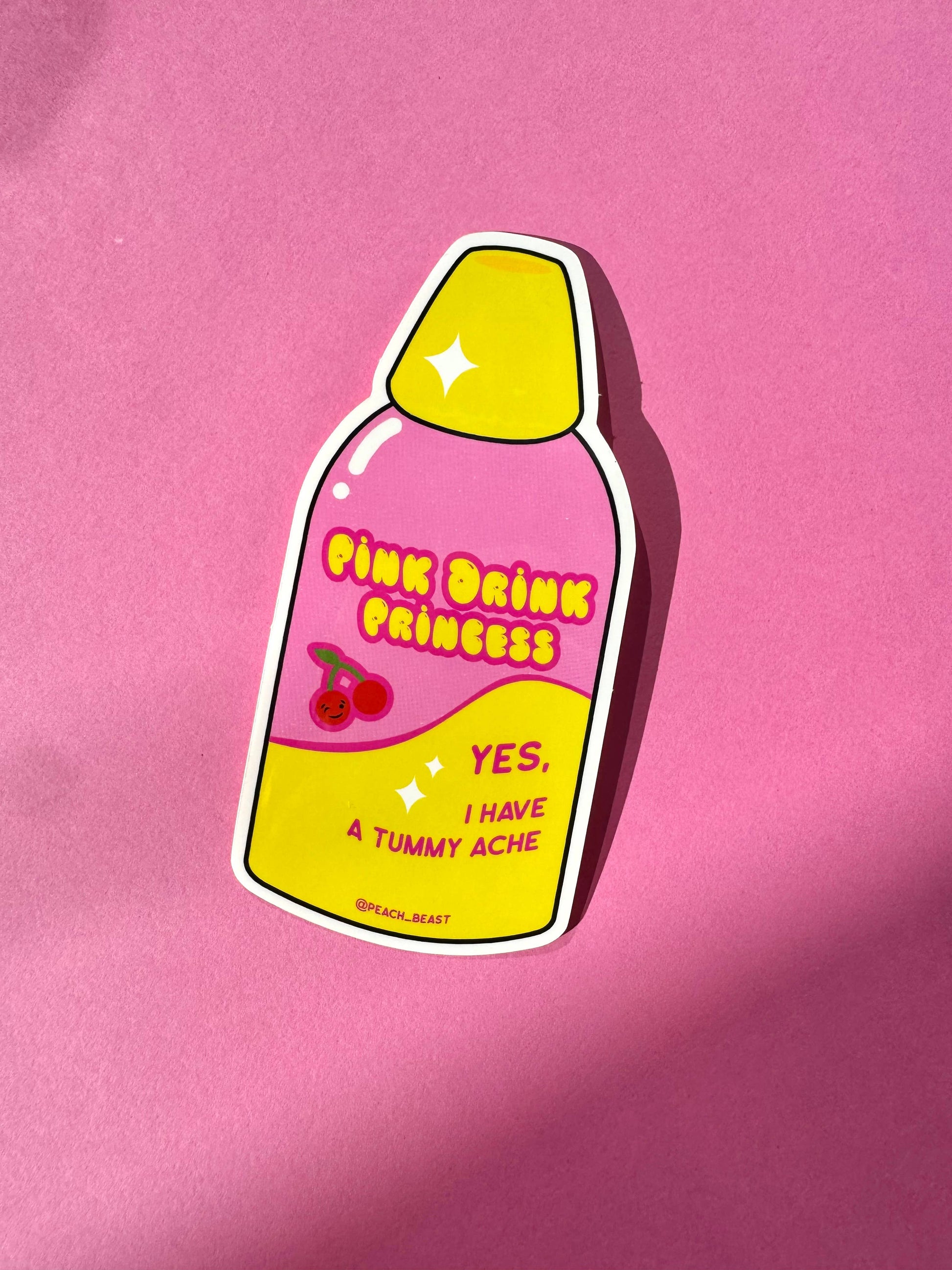 Sticker of a pink drink labeled 'Pink Drink Princess' on a pink background