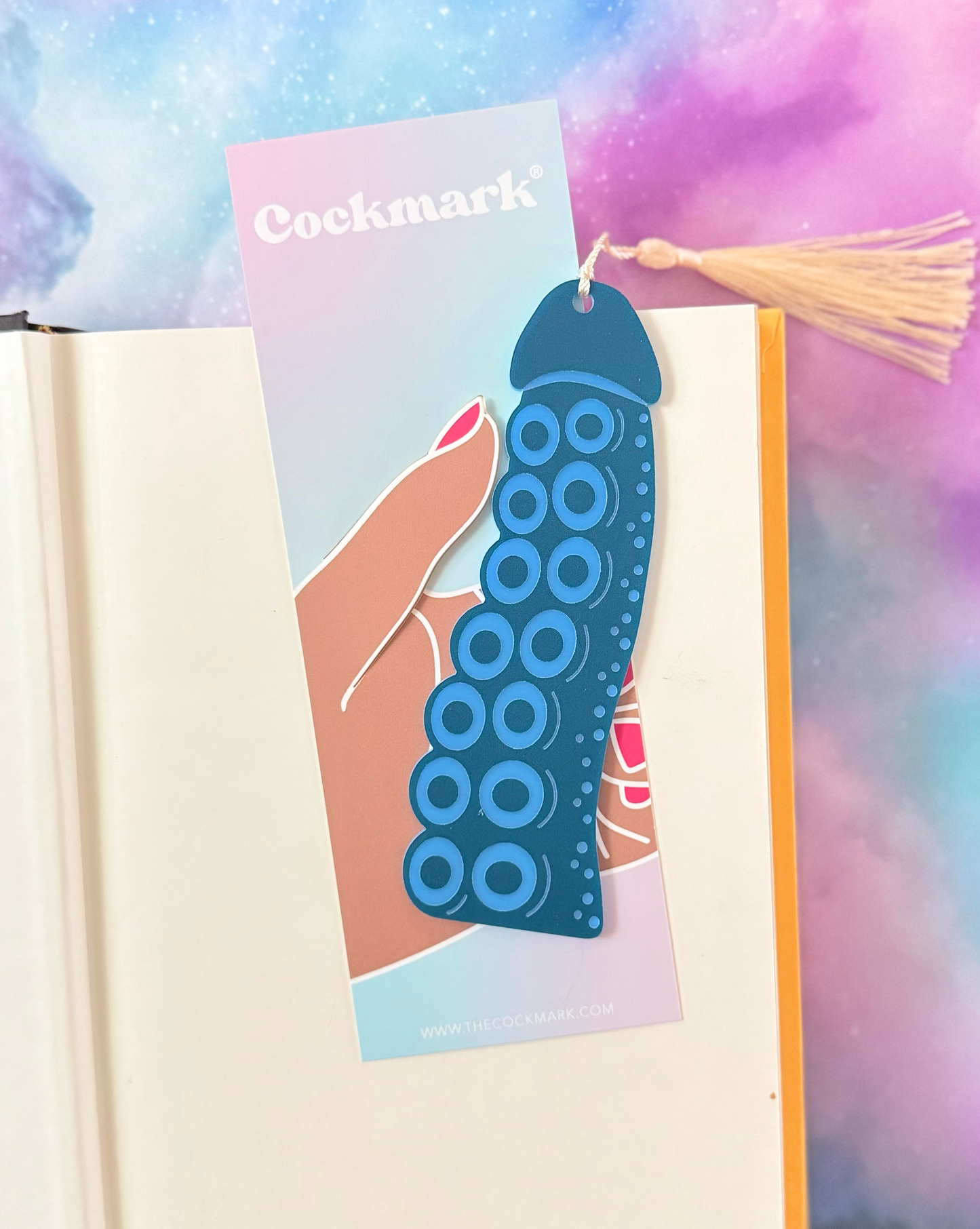 Blue cockmark product on a colorful background