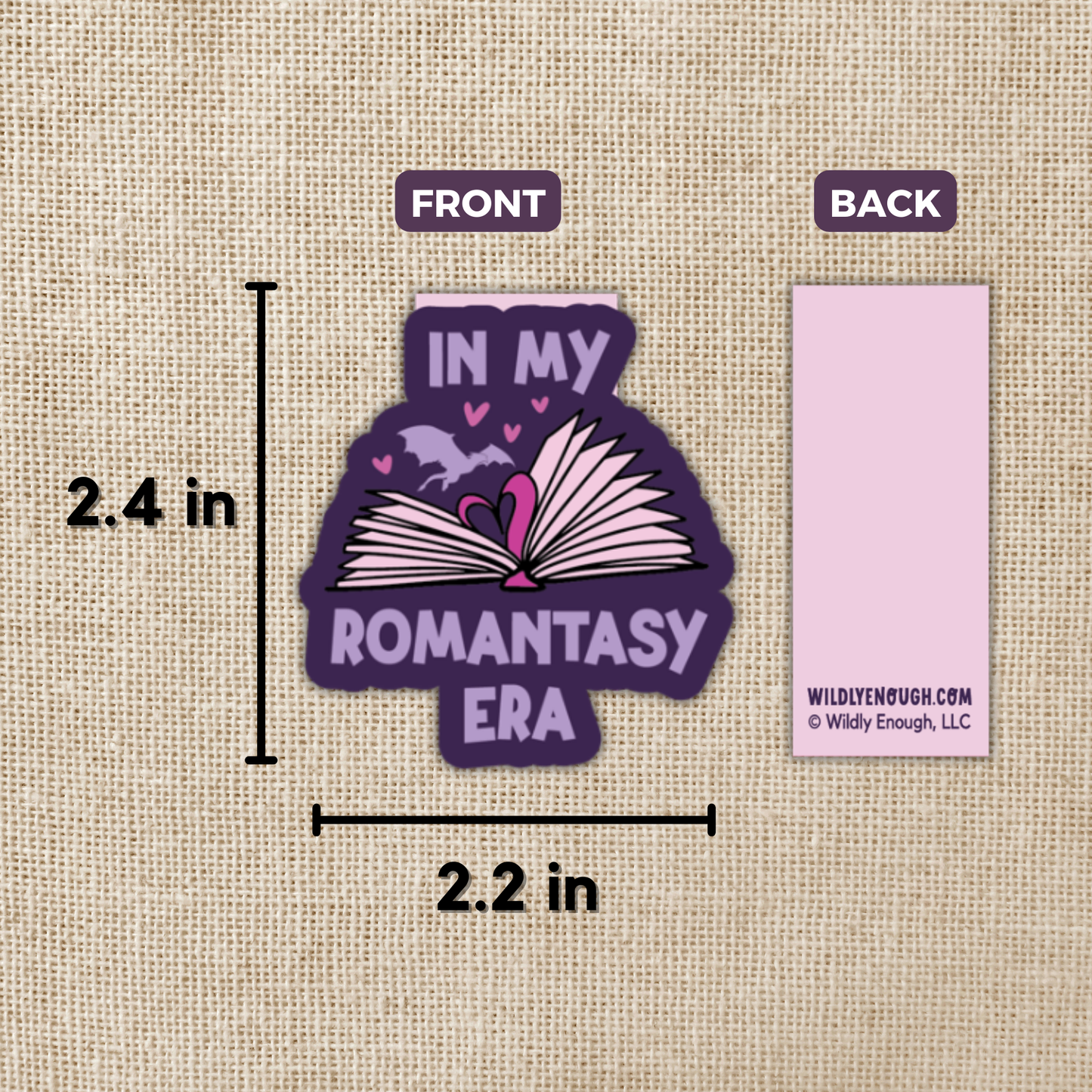 Sticker with 'In My Romantasy Era' design on a textured beige background