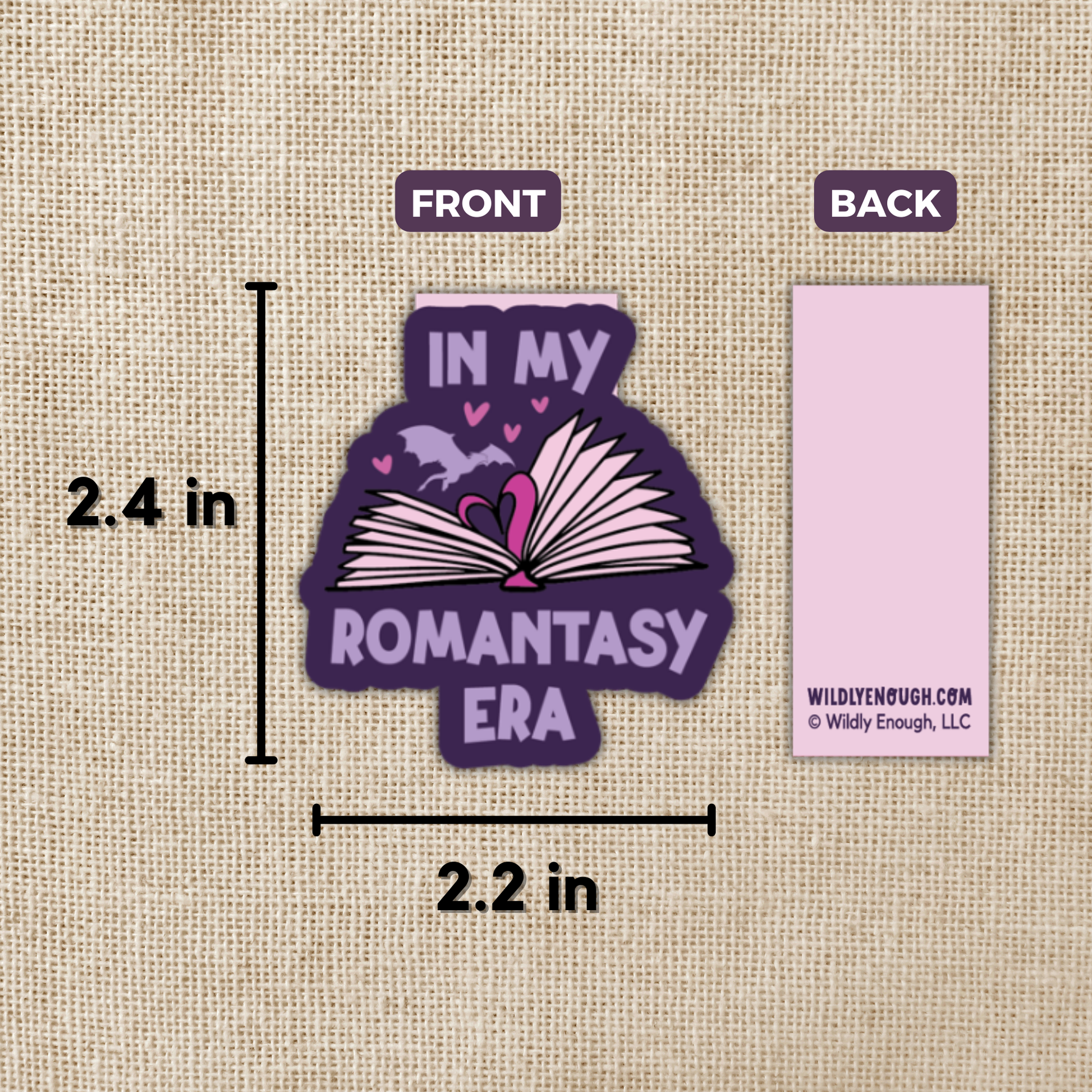 Sticker with 'In My Romantasy Era' design on a textured beige background