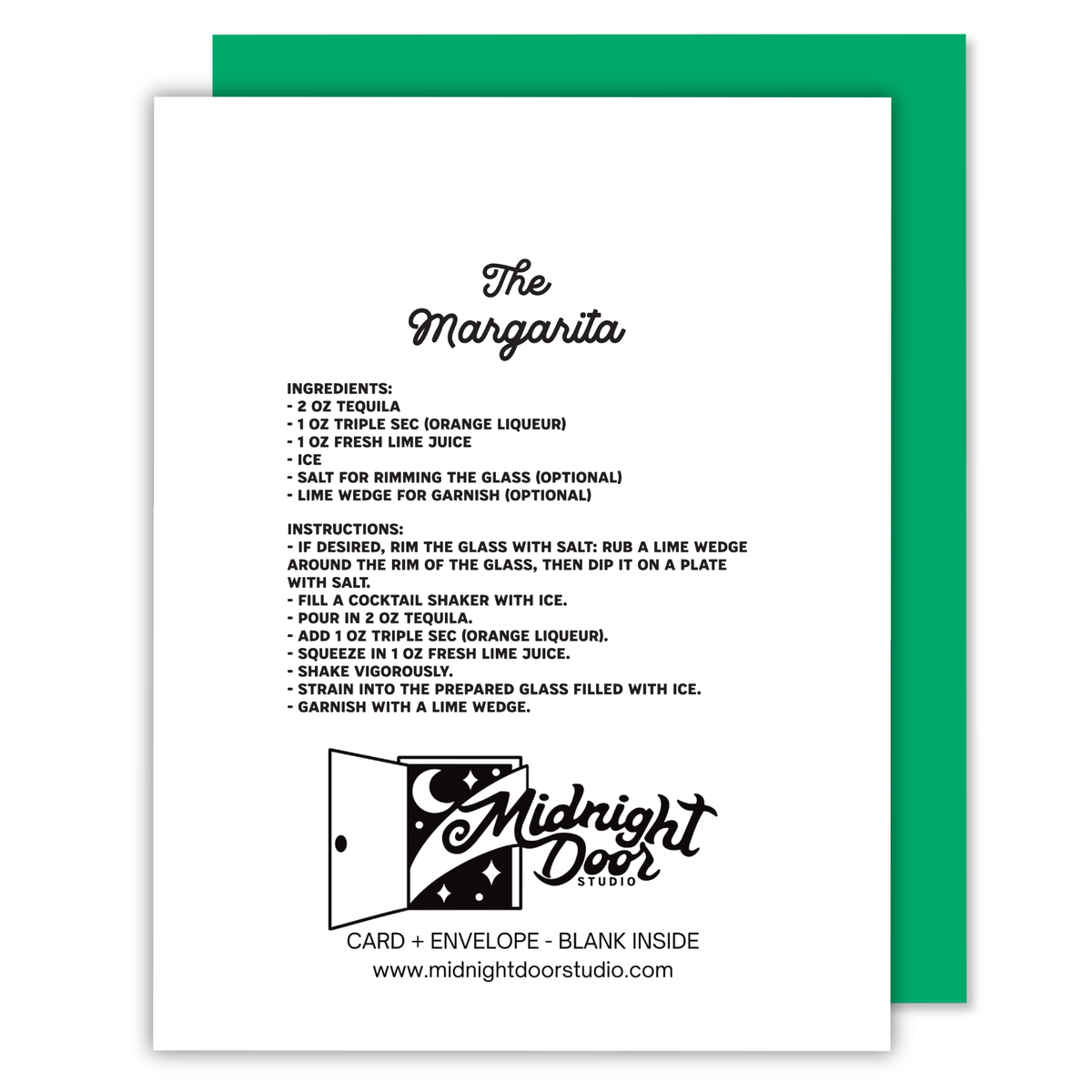 A printed cocktail recipe card for 'The Margarita' with ingredients, instructions, and a 'Midnight Door Liquor' logo, shown in front of a green envelope on a white background.