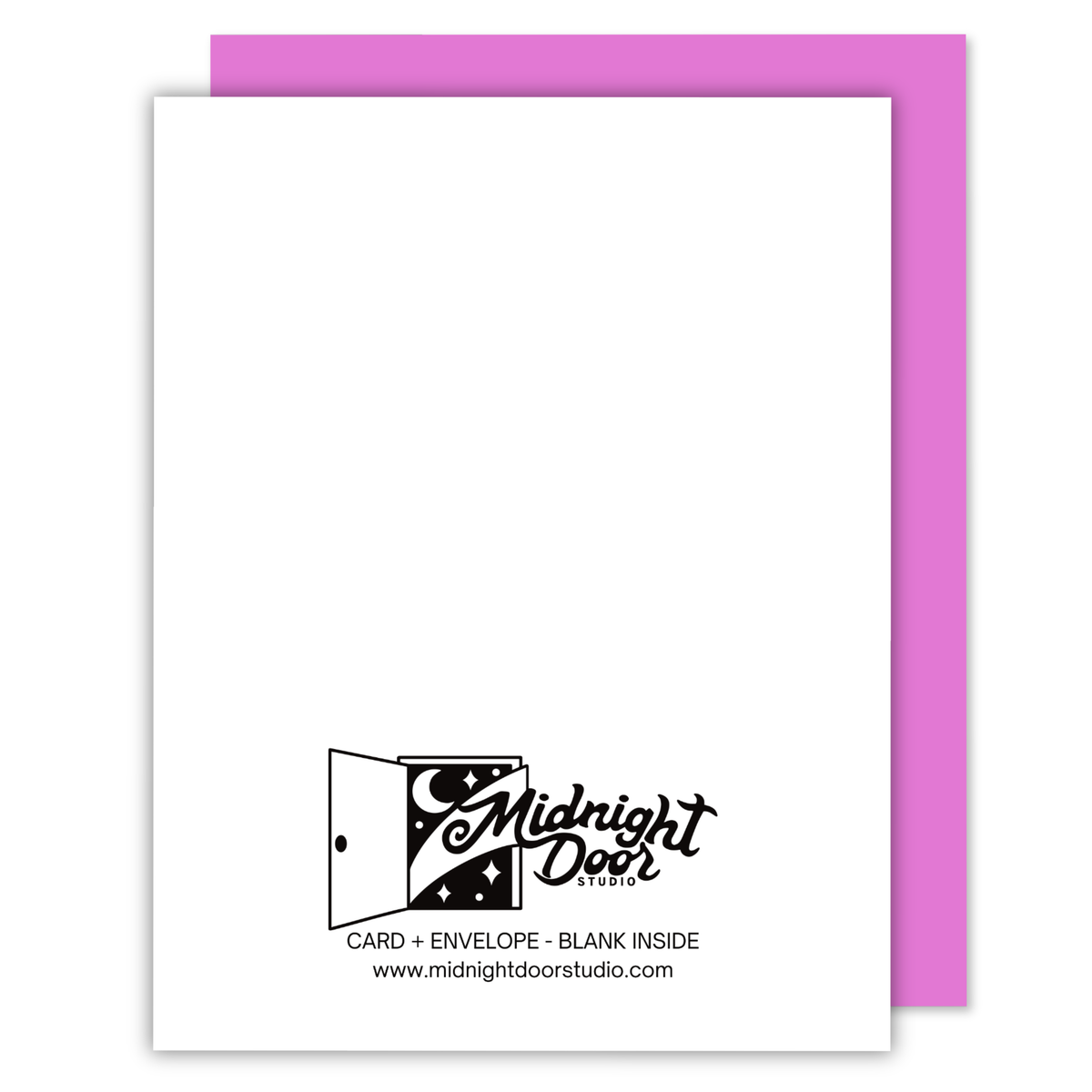 Greeting card with a purple envelope on a white background, featuring the Midnight Door Studio logo.