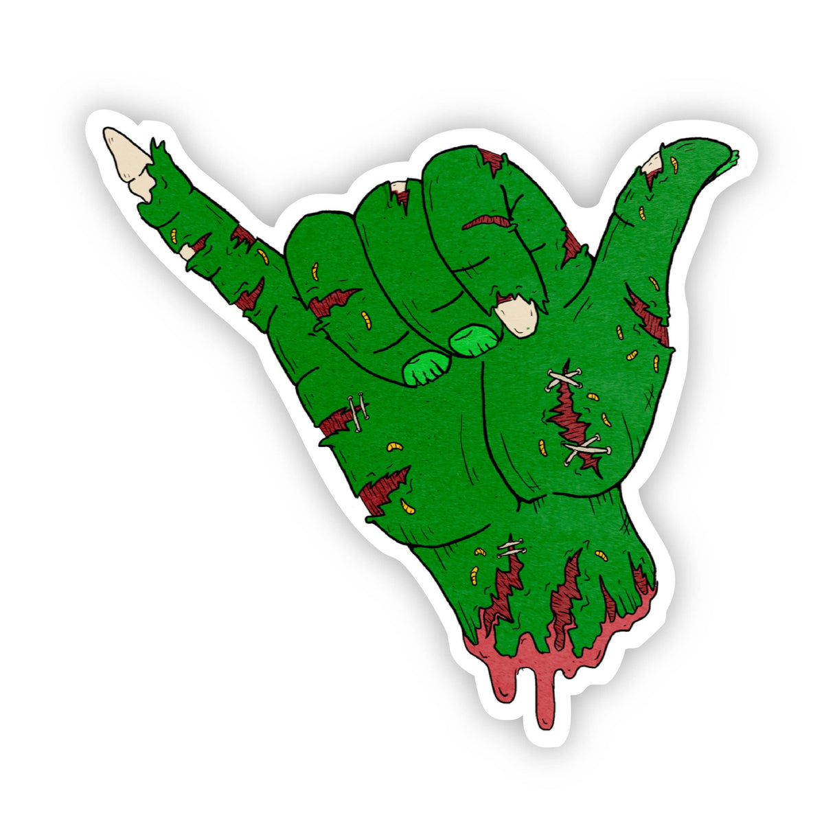 Green zombie hand with a thumb up gesture on a white background