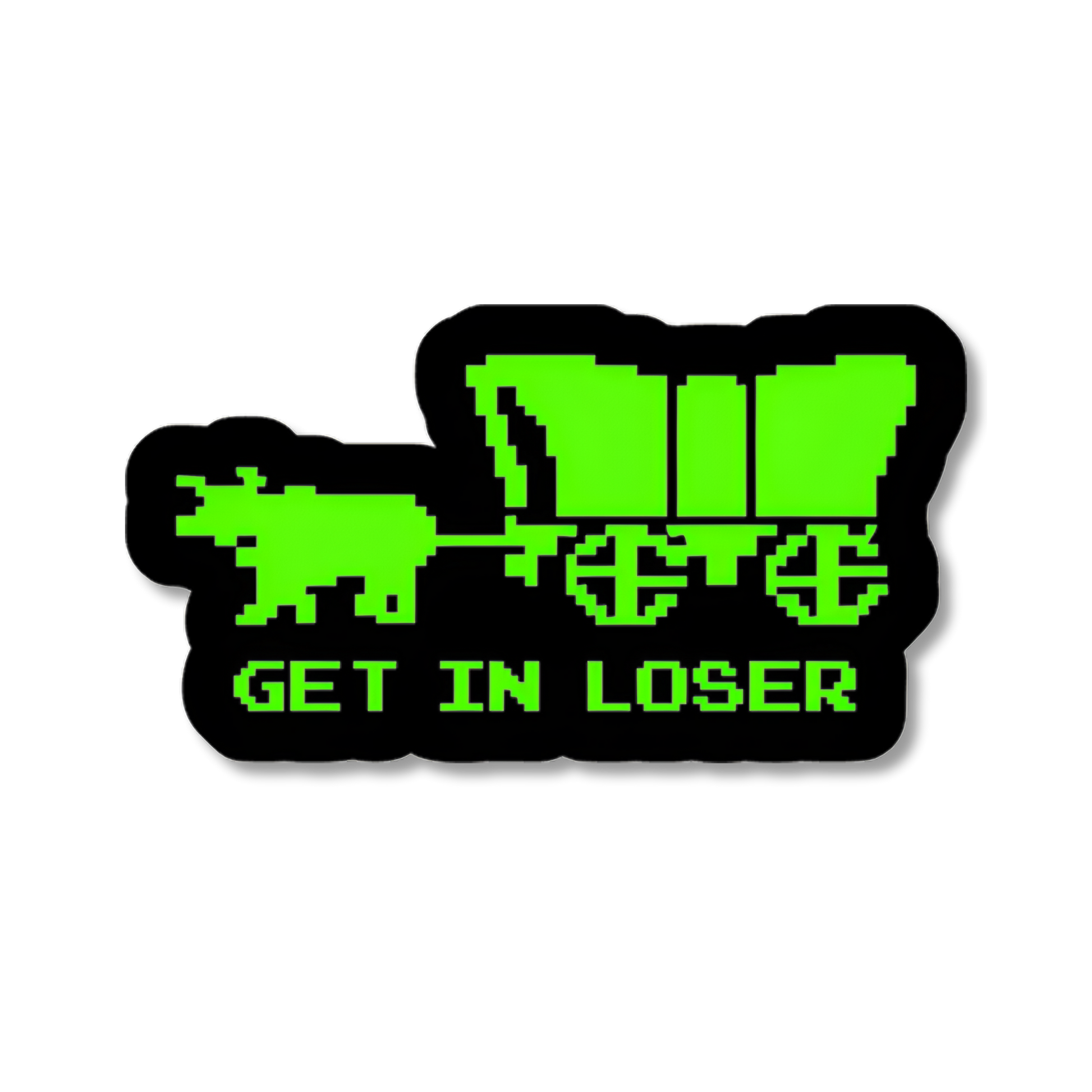 Sticker with pixelated design of a horse-drawn carriage and text 'GET IN LOSER' on a white background.