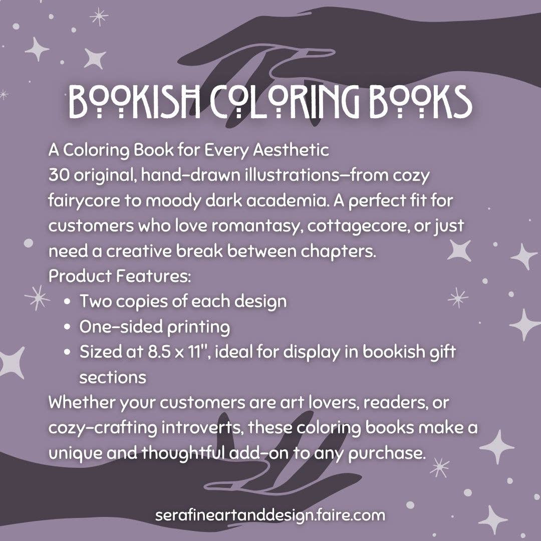 Promotional text for bookish coloring books on a purple background with star illustrations.