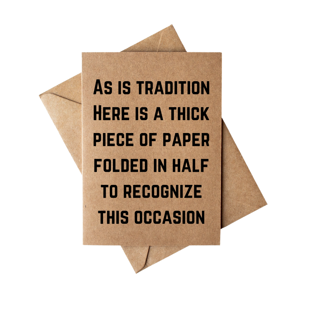 Kraft paper card with humorous text on a white background