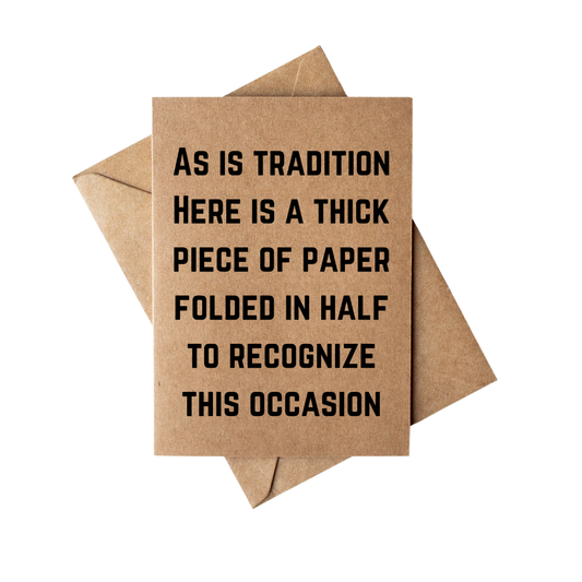 Kraft paper card with humorous text on a white background