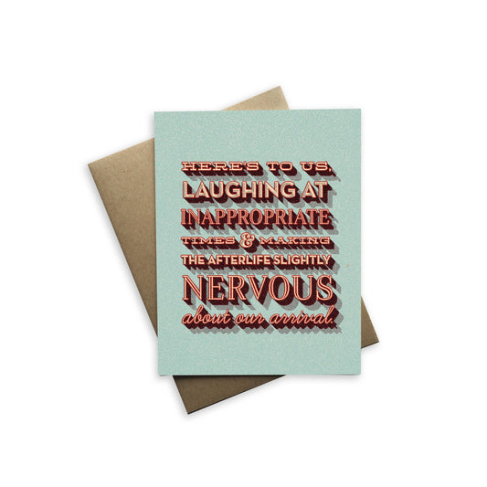 Greeting card with humorous text on a light blue background