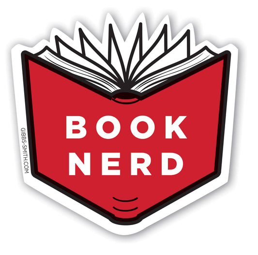 Sticker with an open book design and 'BOOK NERD' text on a white background