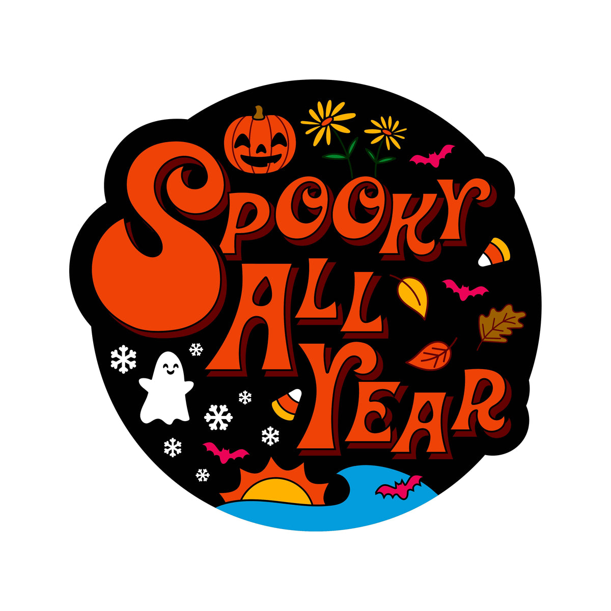 Halloween-themed decorative sign with 'Spooky All Year' text and festive elements on a black background.