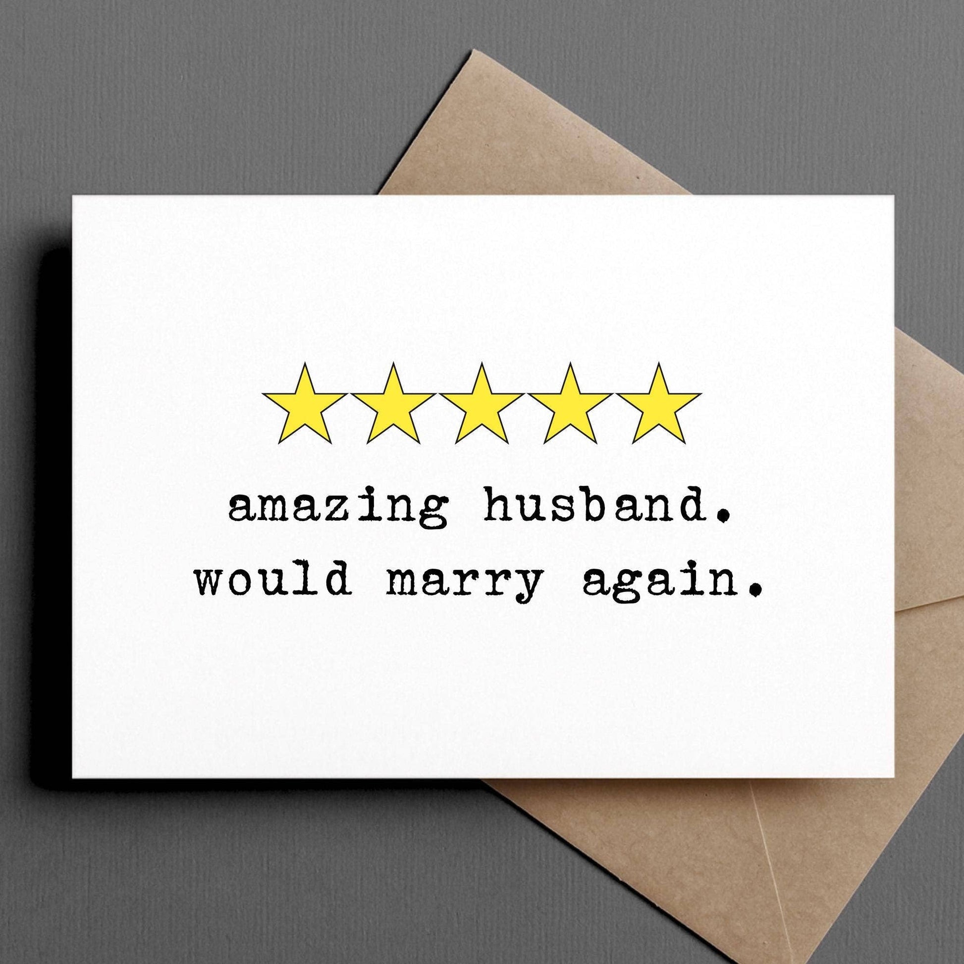 Card with five yellow stars and text 'amazing husband. would marry again.' on a gray background.