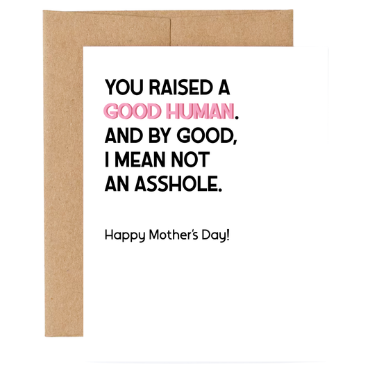 Card with humorous Mother's Day message on a white background