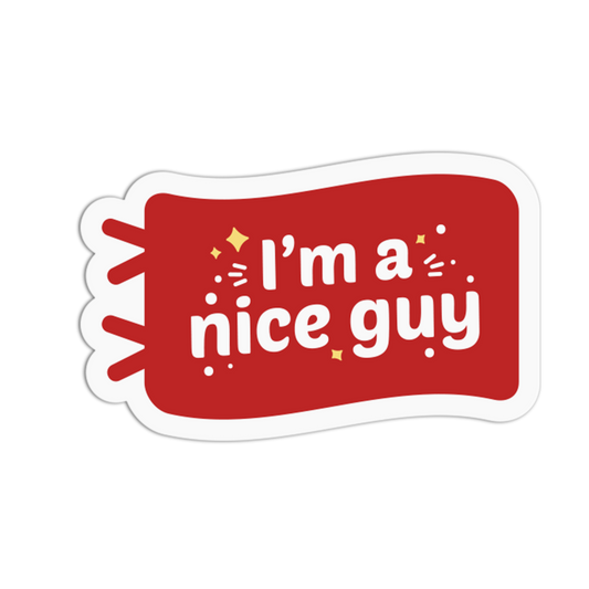 Red speech bubble with 'I'm a nice guy' text on a white background