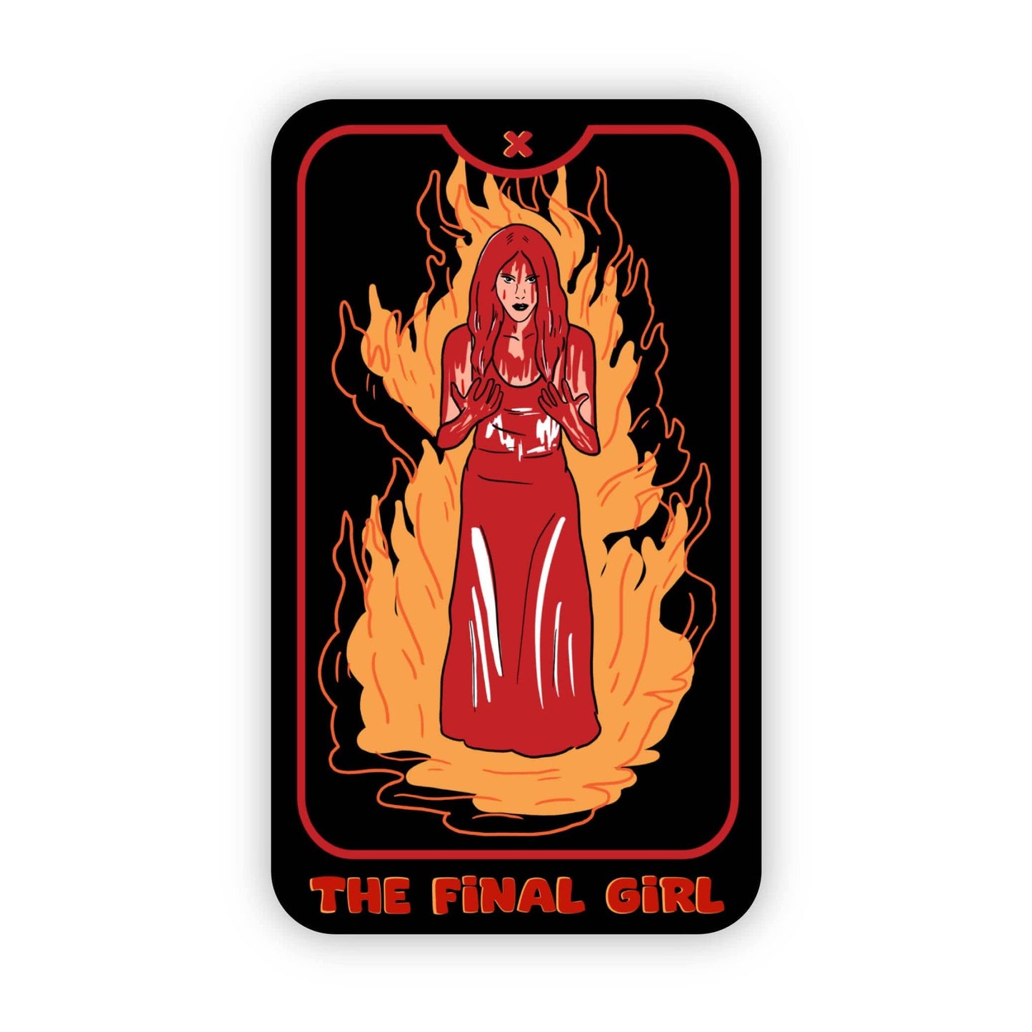 A tarot-style card featuring an illustrated red-haired woman in a red dress standing in flames on a black background, with the text 'THE FINAL GIRL' at the bottom.
