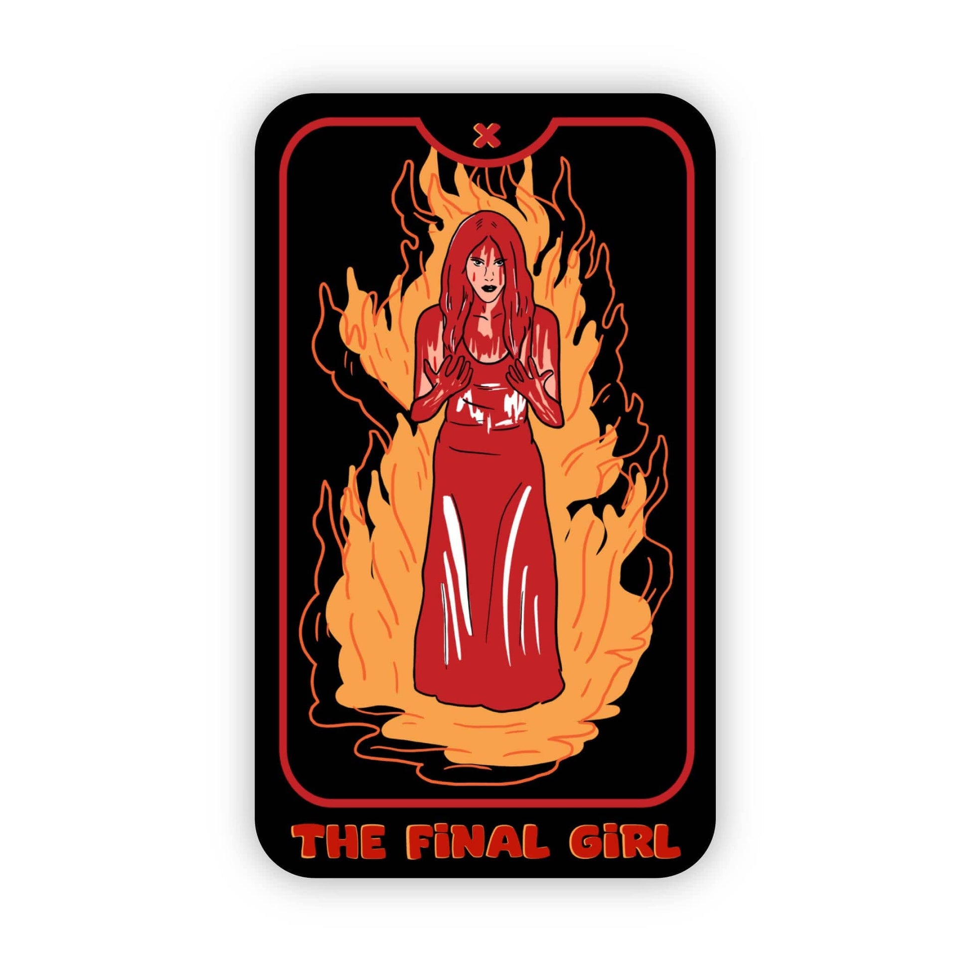 A tarot-style card featuring an illustrated red-haired woman in a red dress standing in flames on a black background, with the text 'THE FINAL GIRL' at the bottom.
