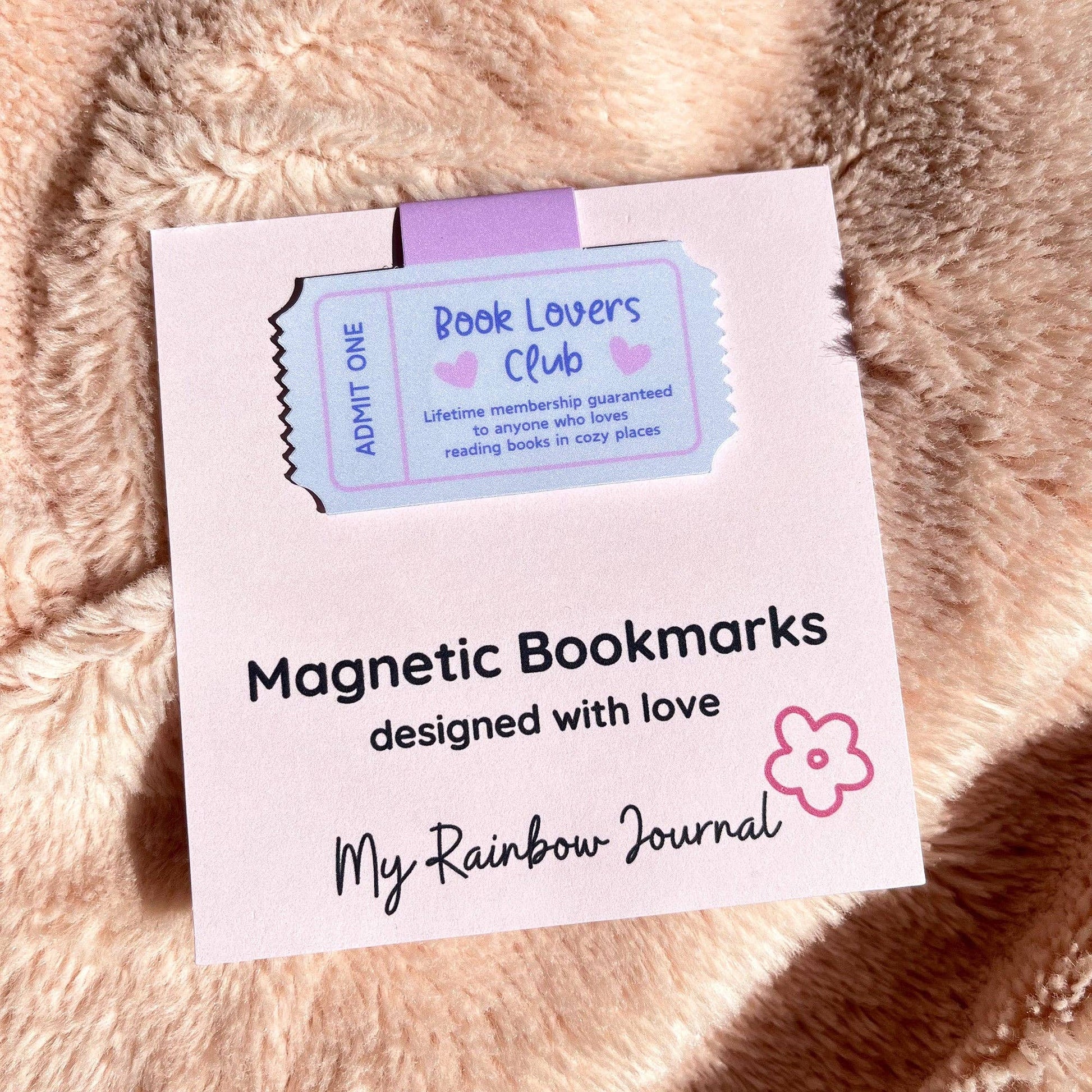 Magnetic bookmarks packaging with a ticket design on a fluffy surface