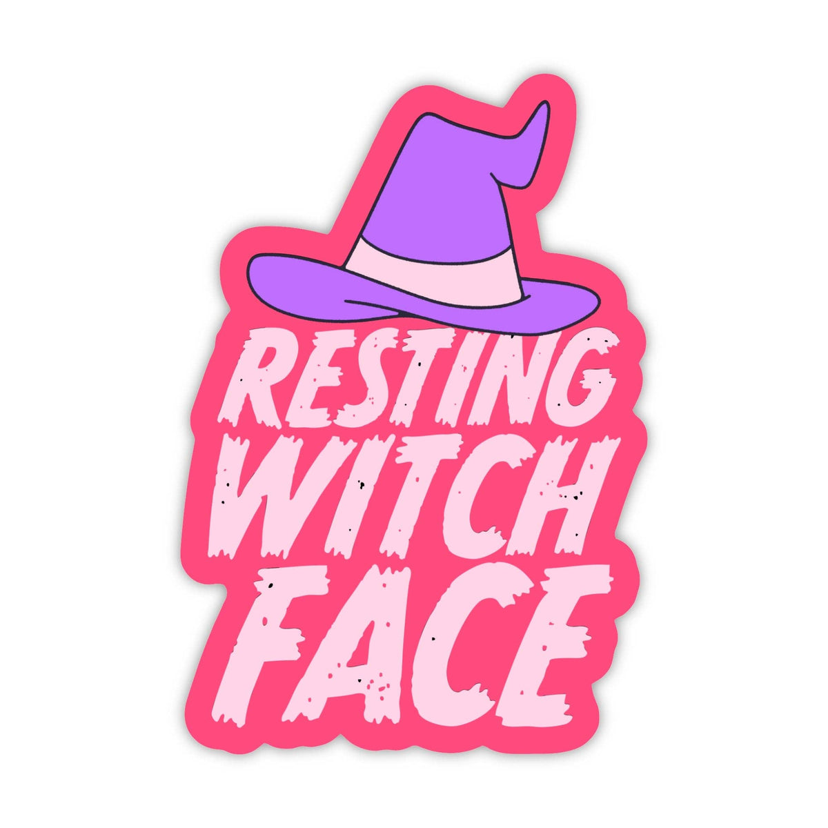A die-cut sticker featuring a cartoon purple witch hat above the words 'RESTING WITCH FACE' in white distressed lettering on a bright pink background, shown on a plain white background.