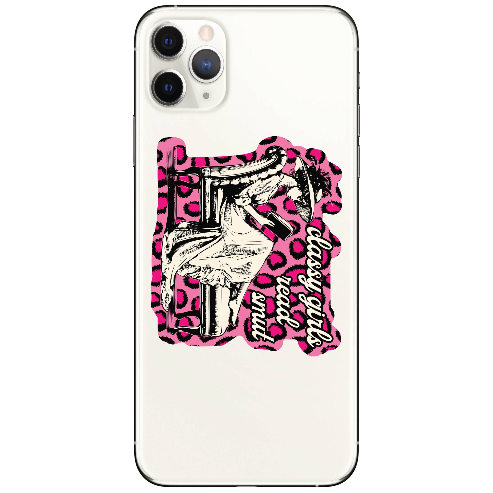 Phone case with pink leopard print and black and white design on a white background