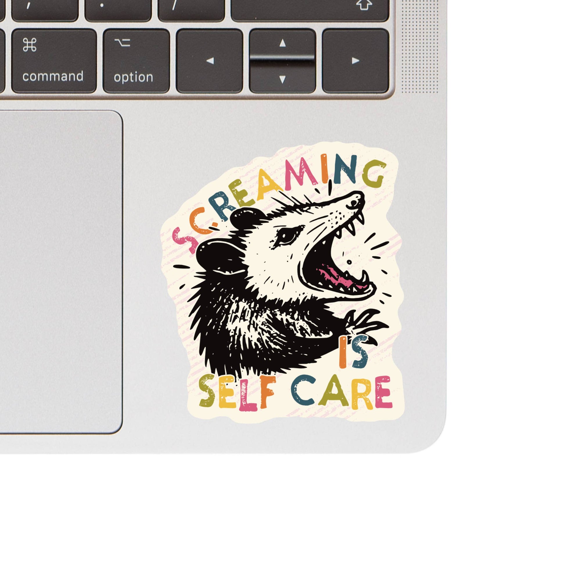 Sticker with an opossum illustration and text 'Screaming is Self Care' on a laptop.