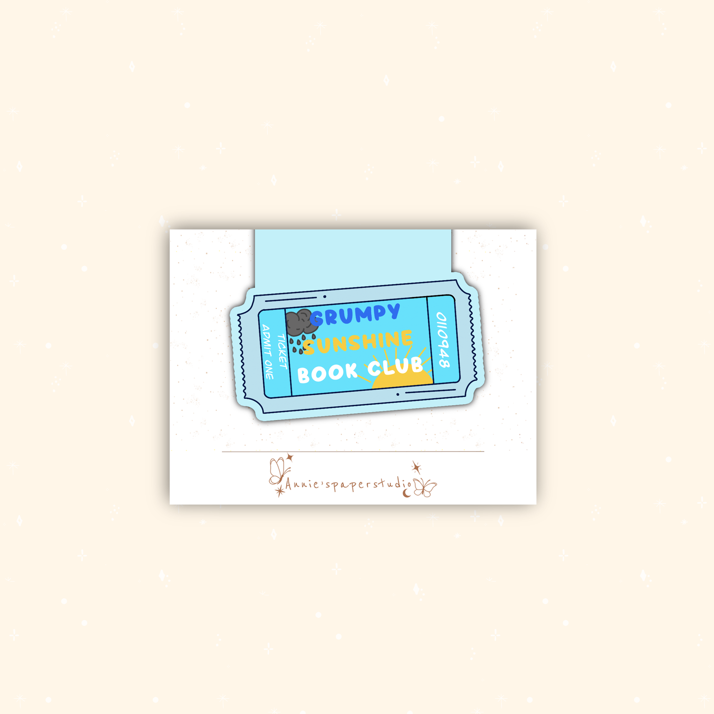 A square white card featuring a stylized blue and yellow ticket graphic that reads 'Grumpy Sunshine Book Club,' centered on a light beige background.