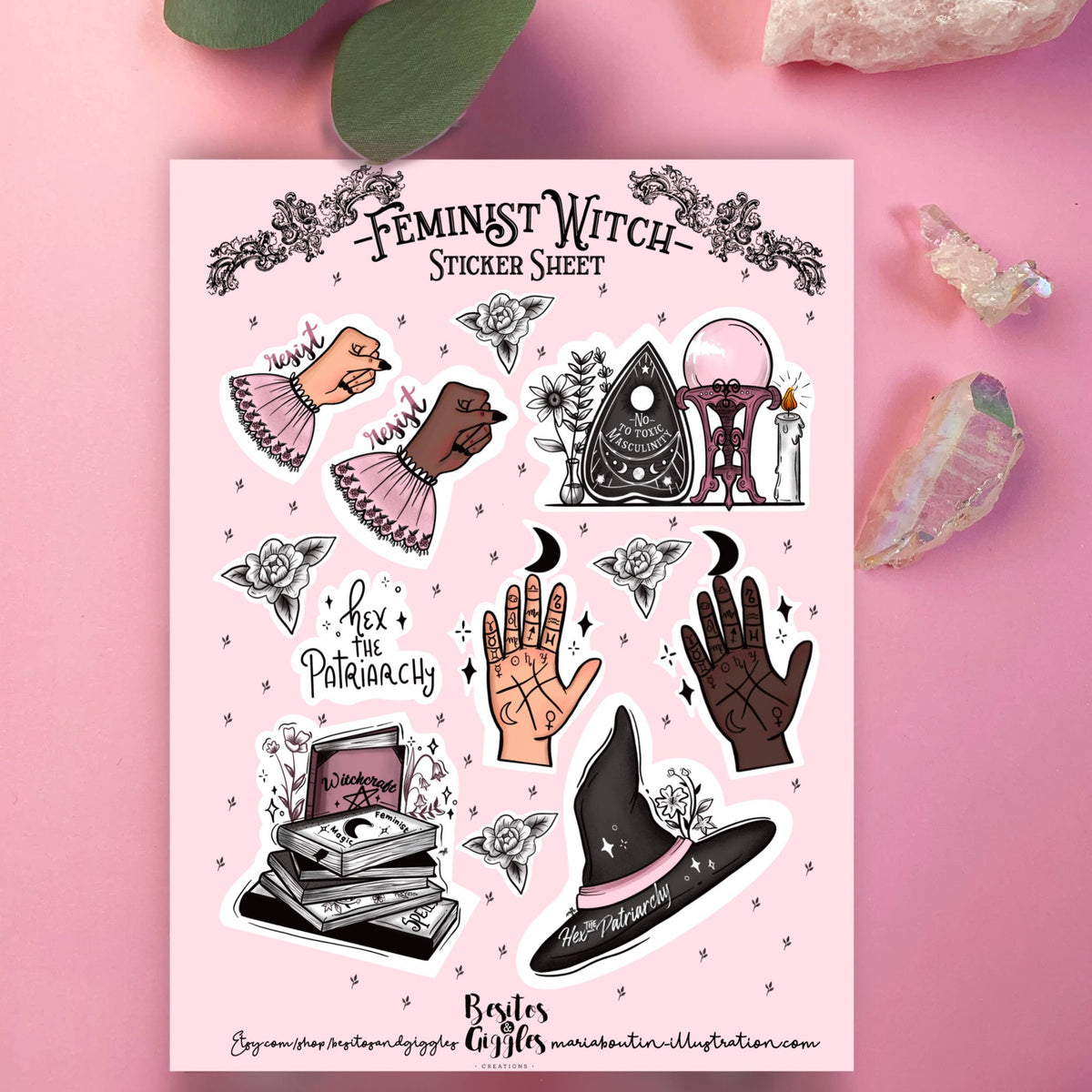 A pink sticker sheet titled 'Feminist Witch Sticker Sheet' featuring illustrated stickers of a hex code palmistry hand, a crystal ball, a pentacle, a witch hat, books, and text like 'Hex the Patriarchy'. The sheet is displayed on a pink background with decorative crystals and green leaves.