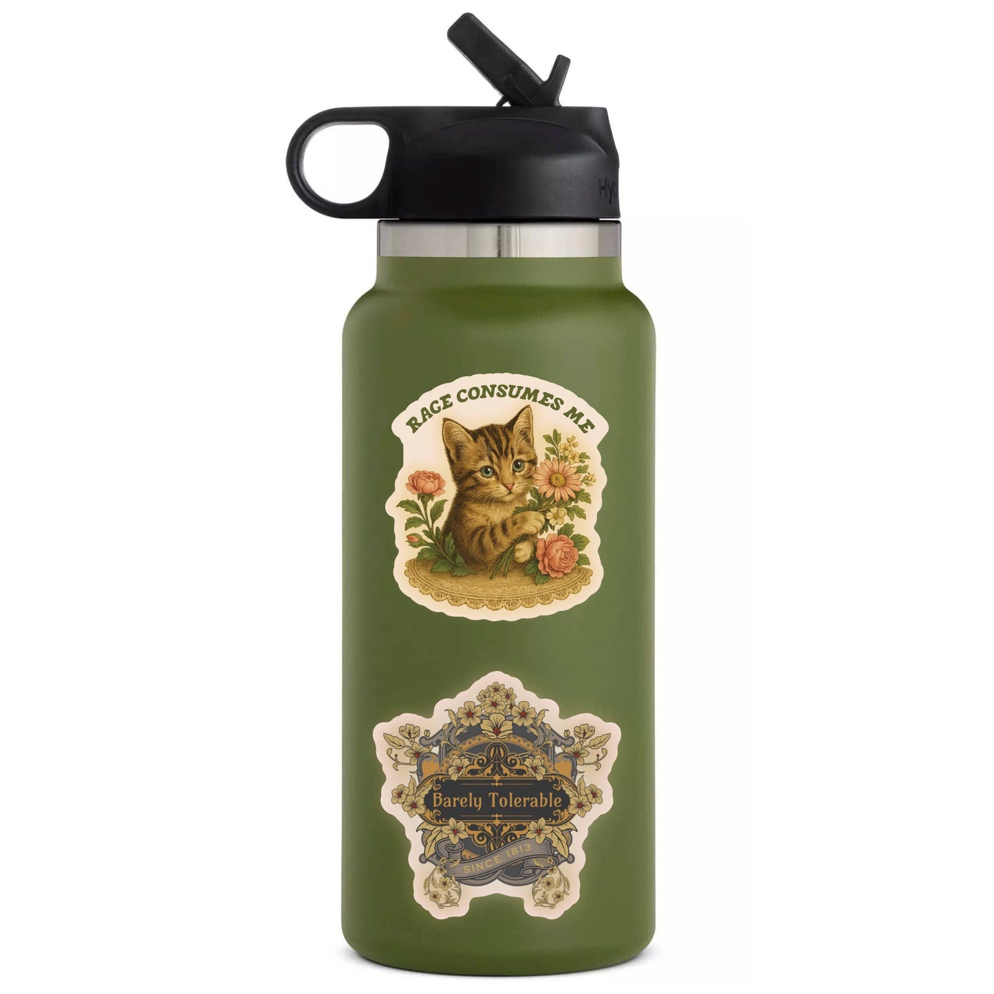 Green water bottle with cat illustration and text on a white background