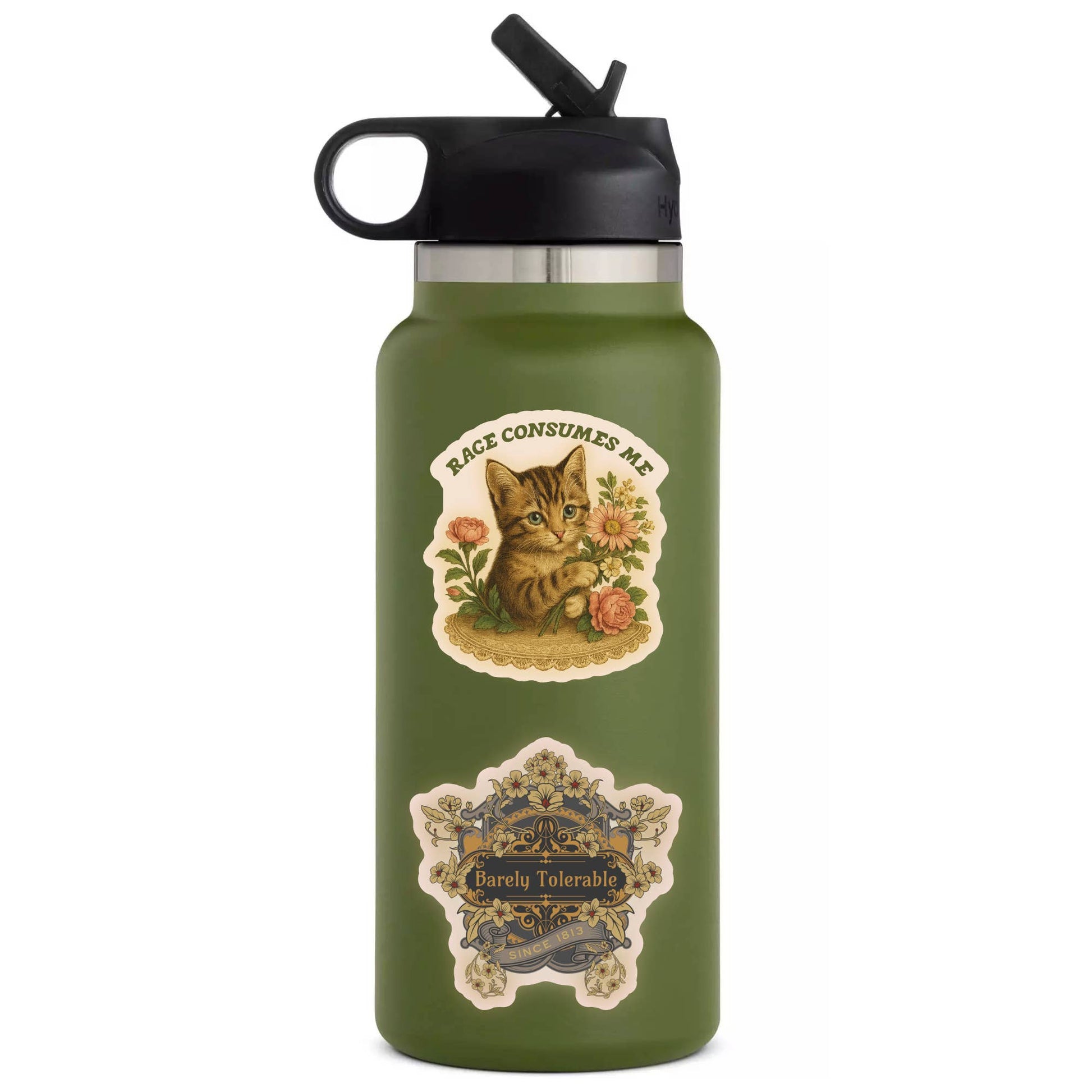 Green water bottle with cat illustration and text on a white background
