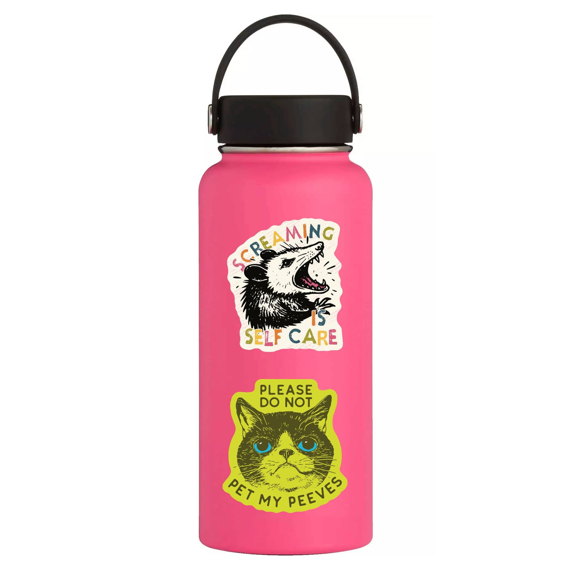 Pink water bottle with cat-themed labels on a white background