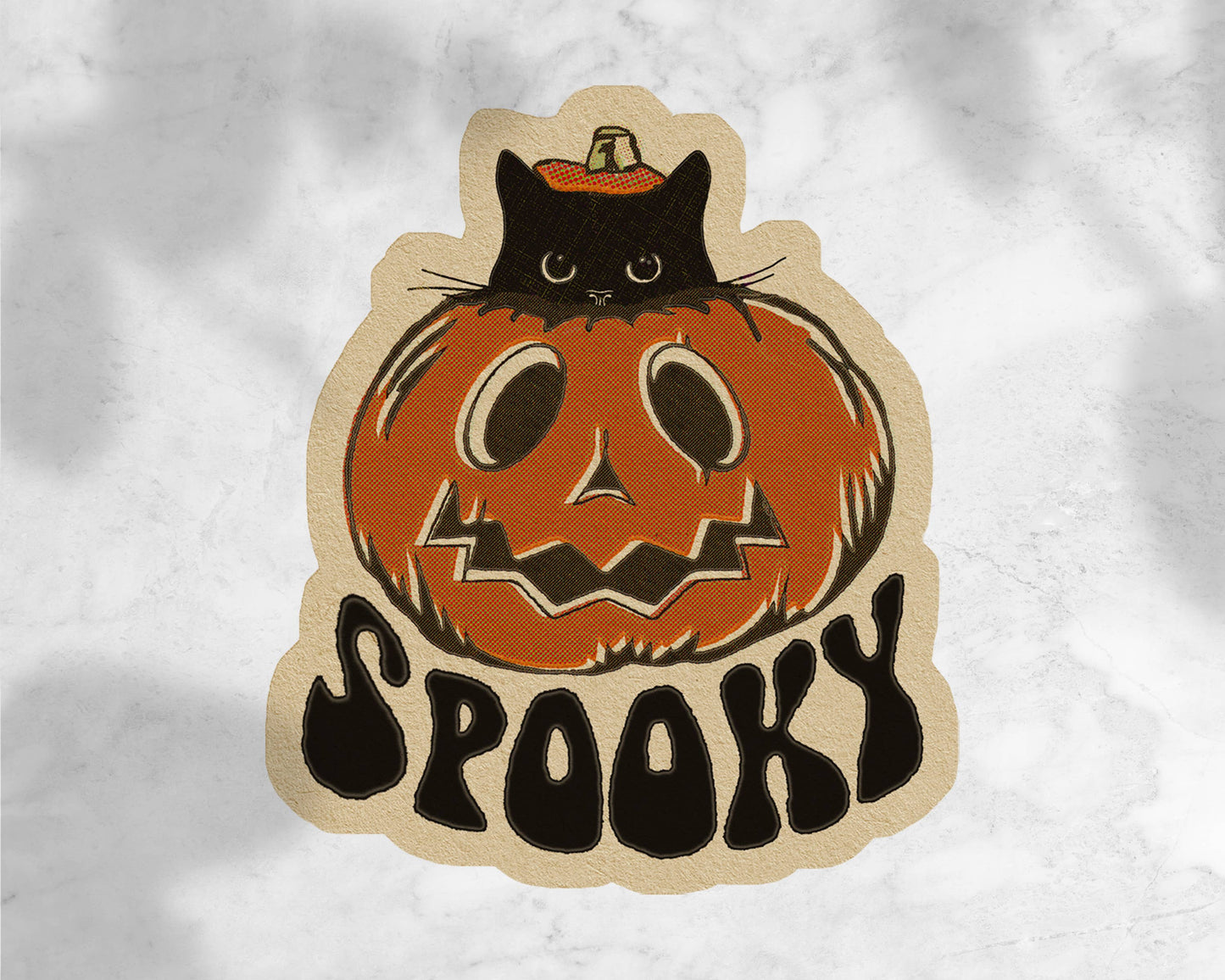 Halloween-themed sticker with a black cat on a pumpkin and 'Spooky' text on a textured white background