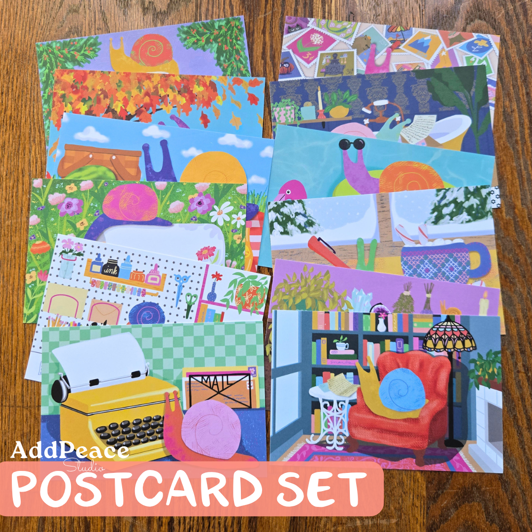 Set of colorful postcards with various illustrations on a wooden surface, featuring the brand 'AddPeace'.