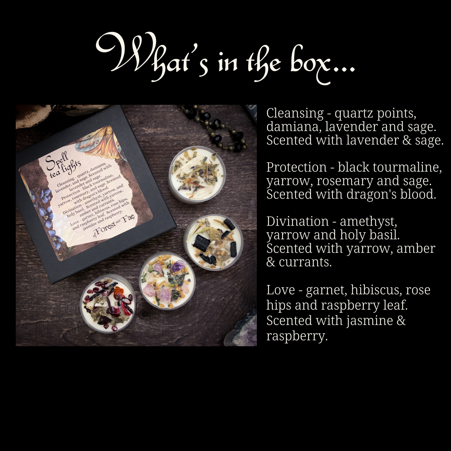 Magical spell components with descriptive text on a dark background