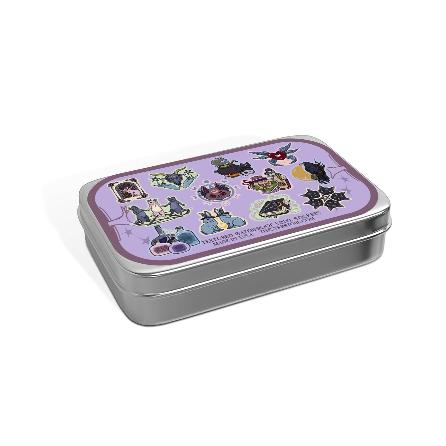 Metallic tin with a purple lid featuring illustrations on a white background