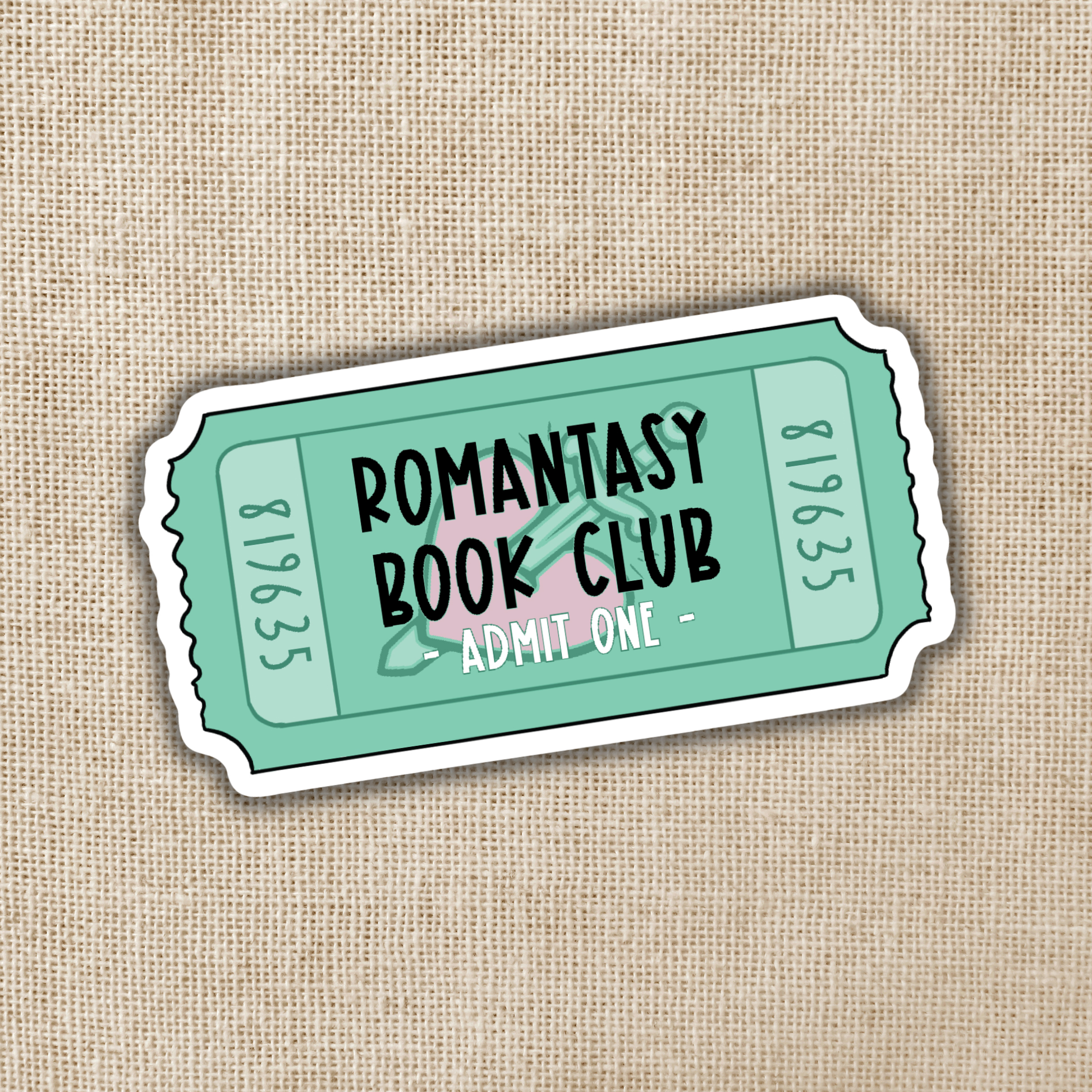 Sticker resembling a movie ticket with 'Romantasy Book Club' text on a textured beige background