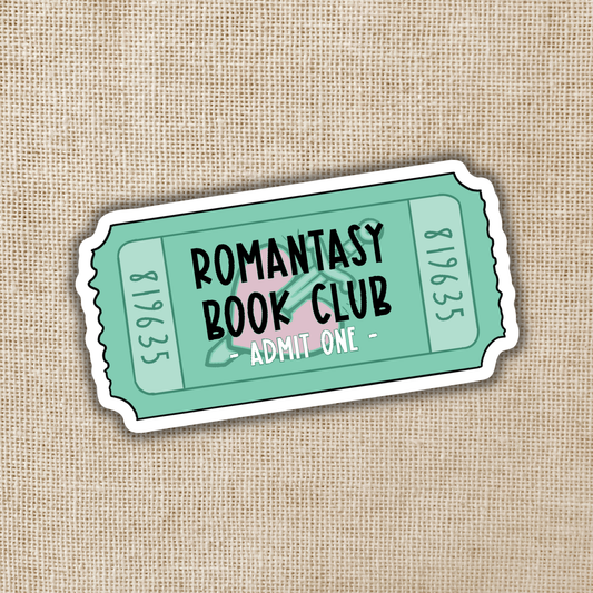 Sticker resembling a movie ticket with 'Romantasy Book Club' text on a textured beige background