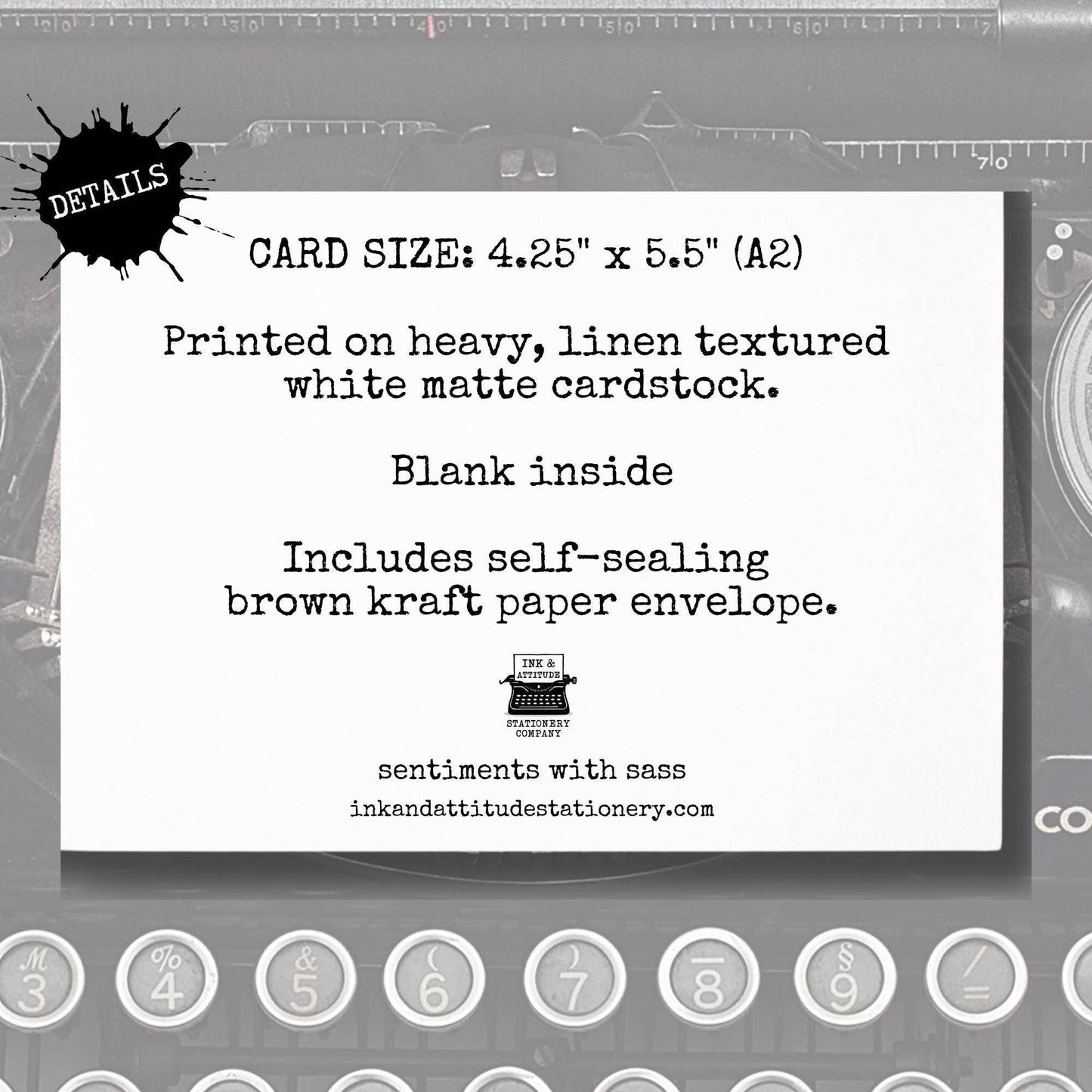 Card with text detailing size, material, and features on a gray background with stationery-themed elements.