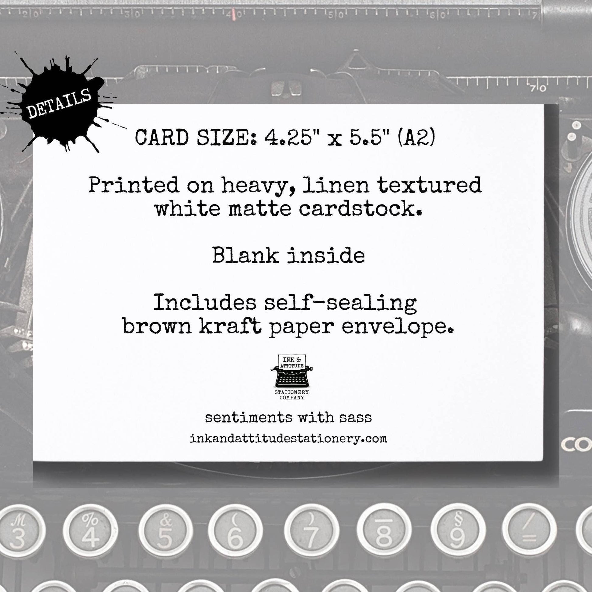 Card with text detailing size, material, and features on a gray background with stationery-themed elements.