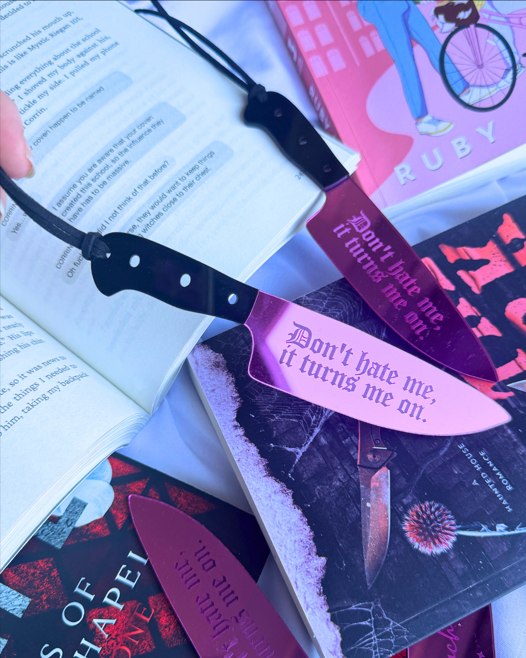 Don’t Hate Me, It Turns Me On – Pink Mirrored Knife Bookmark