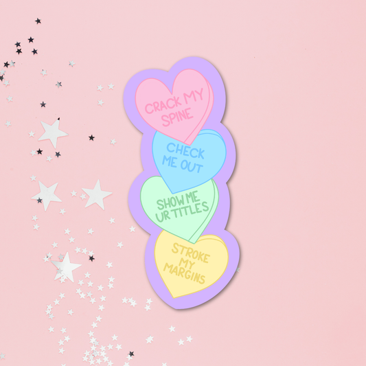 Heart-shaped pastel stickers with humorous text on a pink background with star decorations