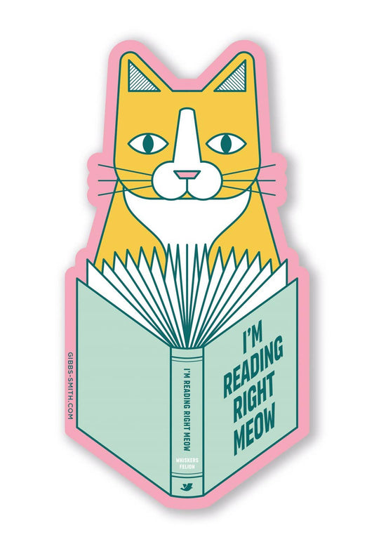 Sticker with a cat and an open book with 'I'm Reading Right Meow' text on a white background