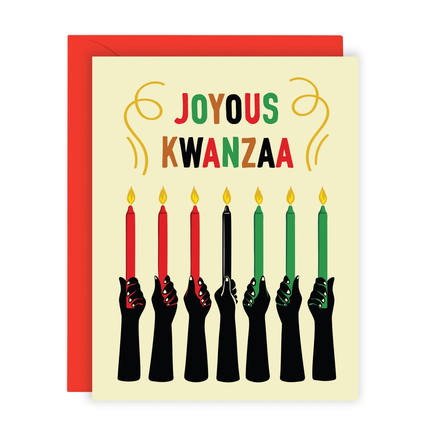A Kwanzaa greeting card with a red envelope, featuring the words 'JOYOUS KWANZAA' above seven black hands holding candles in red, black, green, and yellow colors on a cream background.