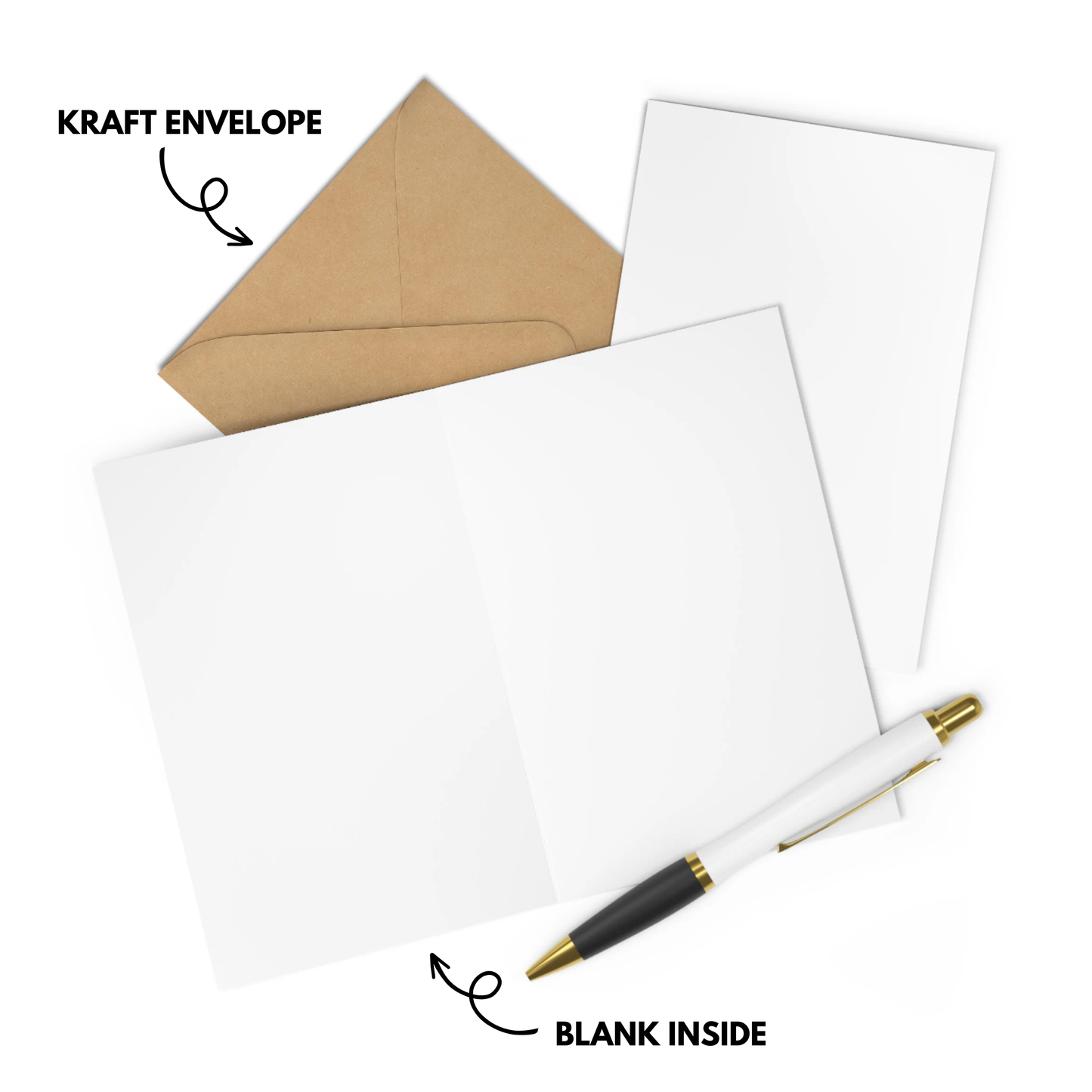 Kraft envelope, blank white cards, and a pen on a white background