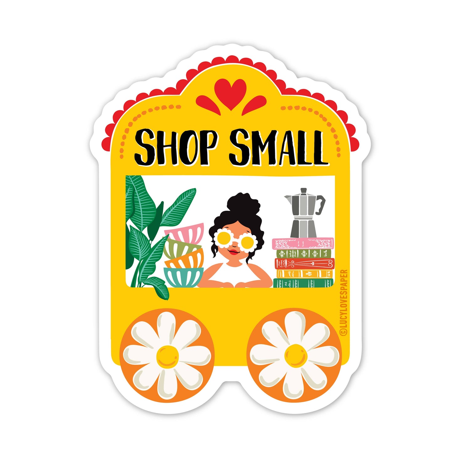 Sticker with 'Shop Small' text, woman, plants, books, and coffee pot on a yellow background.