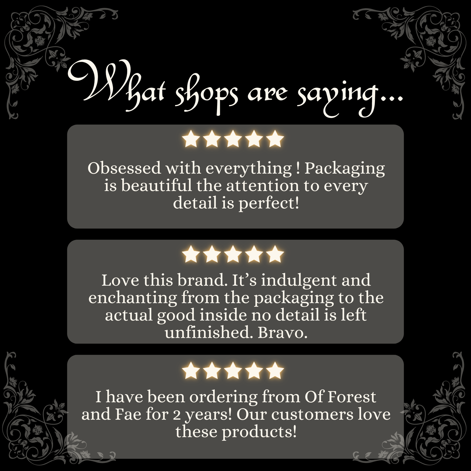 Five-star reviews on a black background with decorative elements.