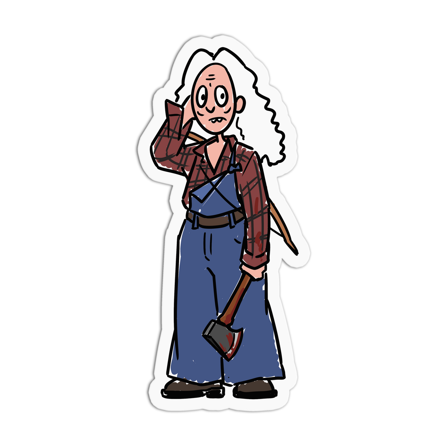 A cartoon-style die-cut sticker of a woman with long white hair, wearing a red plaid shirt and blue overalls while holding an axe, shown on a plain white background.