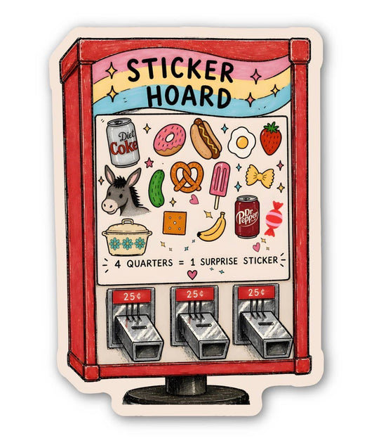 Sticker vending machine with various stickers on a white background