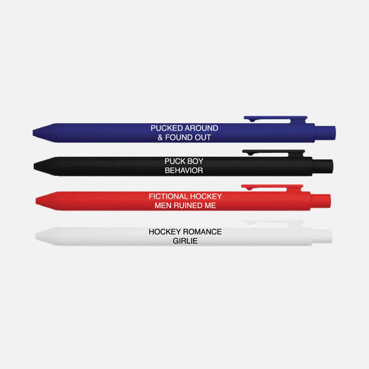 Four pens with humorous text on a white background